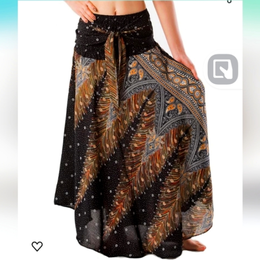NWT Woman's harem style long peacock print skirt w belt. 100% bamboo material 2X